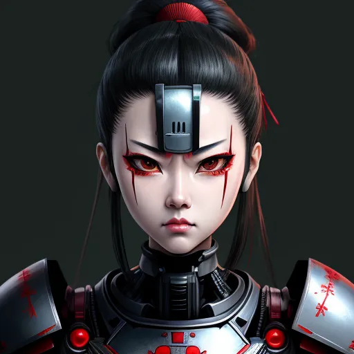 text to picture generator ai - a woman with red eyes and a black hair and a robot suit with red eyes and a black headband, by Daniela Uhlig