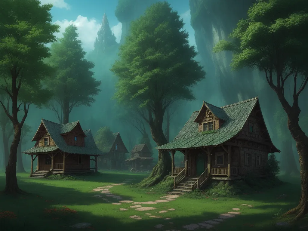 a painting of a forest with a cabin in the middle of it and a path leading to the cabin, by Hayao Miyazaki