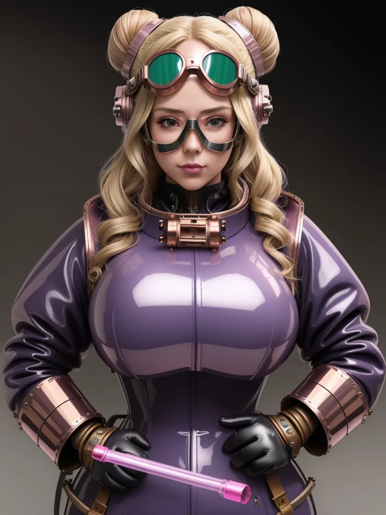 make image higher resolution - a woman in a purple suit with green goggles and a pink stick in her hand and a black background, by Hirohiko Araki