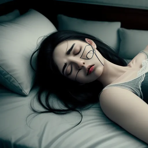 ai photo enhancer - a woman with black makeup laying on a bed with her eyes closed and her head resting on her hand, by Alessio Albi