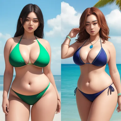 a woman in a bikini standing on a beach next to the ocean and a woman in a bikini standing on the beach, by Terada Katsuya