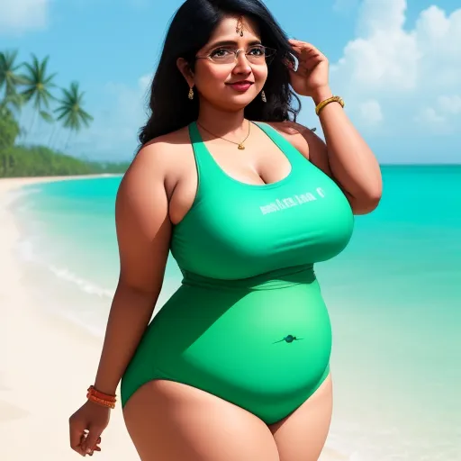 a woman in a green swimsuit standing on a beach with palm trees in the background and a blue sky, by Hendrik van Steenwijk I