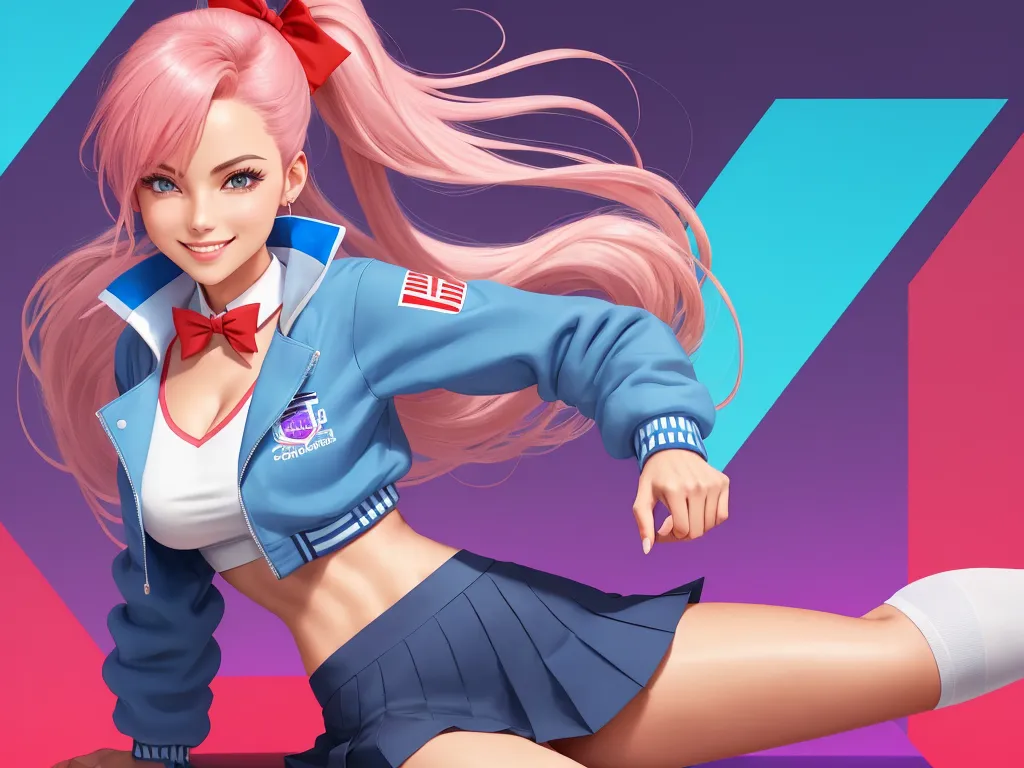 best photo ai enhancer - a girl with pink hair and a blue jacket is posing for a picture with her legs spread out and her hair is flying, by Toei Animations