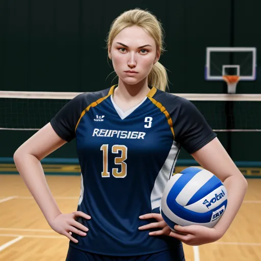 ai image generation - a woman in a blue uniform holding a volleyball ball on a court with a net in the background and a basketball in the foreground, by Terada Katsuya