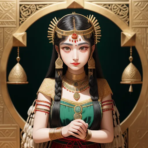 text-to-image ai generator - a woman in a costume with a gold frame and bells around her neck and hands on her chest, standing in front of a gold circle, by Chen Daofu