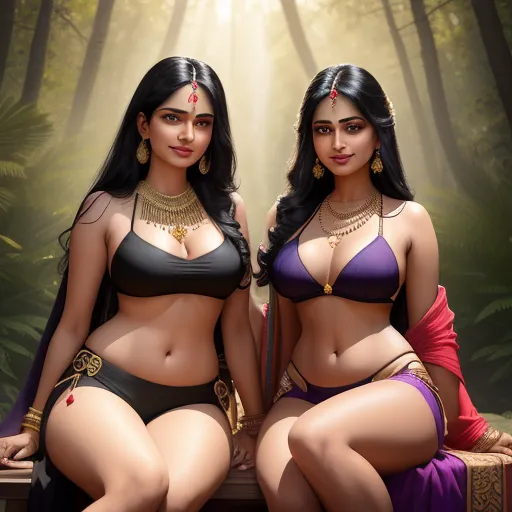 two women in bikinis sitting on a bench in the woods with a sunbeam behind them and a forest background, by Raja Ravi Varma