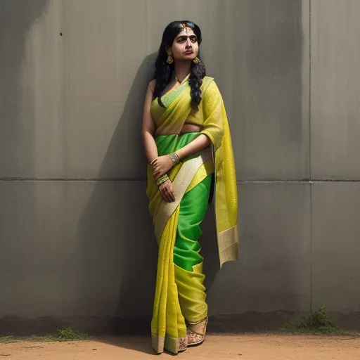 a woman in a green and yellow sari standing against a wall with her hands on her hips and looking up, by Henriett Seth F.