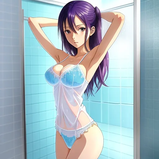 a woman in a white underwear standing in a bathroom next to a shower stall with a blue tiled wall, by Toei Animations