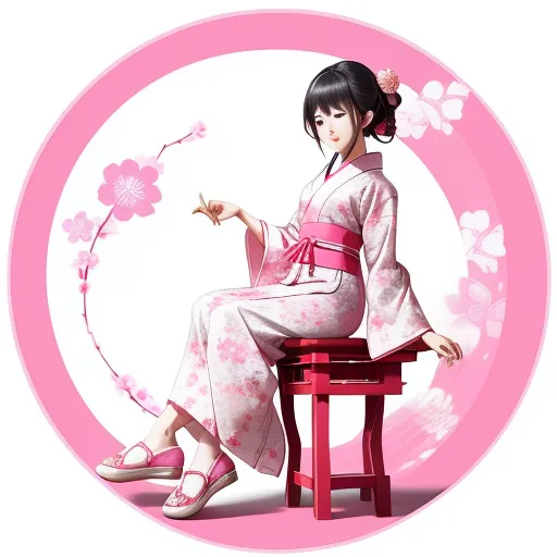 ai image generator from text online - a woman in a kimono sitting on a stool with a flower in her hair and a pink background, by Chen Daofu