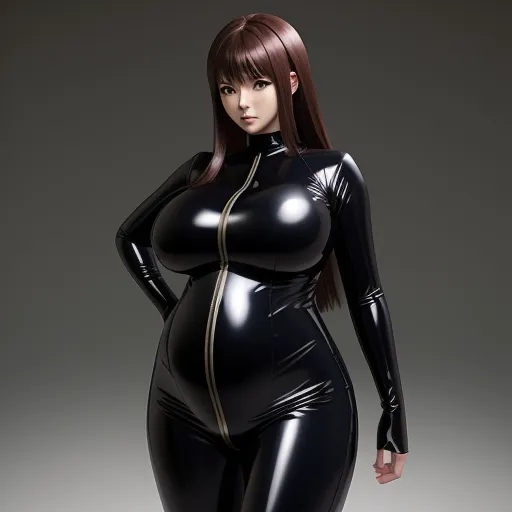 a woman in a black catsuit posing for a picture with her hands on her hips and her breasts exposed, by Terada Katsuya