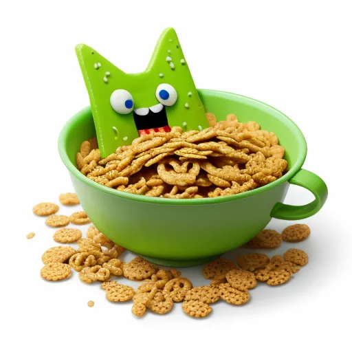 a green bowl filled with cereal with a green cat face sticking out of it's mouth and eyes, by Bjarke Ingels