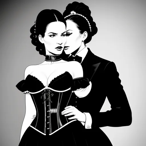 image convert - a black and white drawing of two women in corsets and dresses, one of which is holding the other, by Tara McPherson