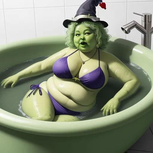 a woman in a bikini and witches hat in a bathtub with a faucet on her head, by Terada Katsuya