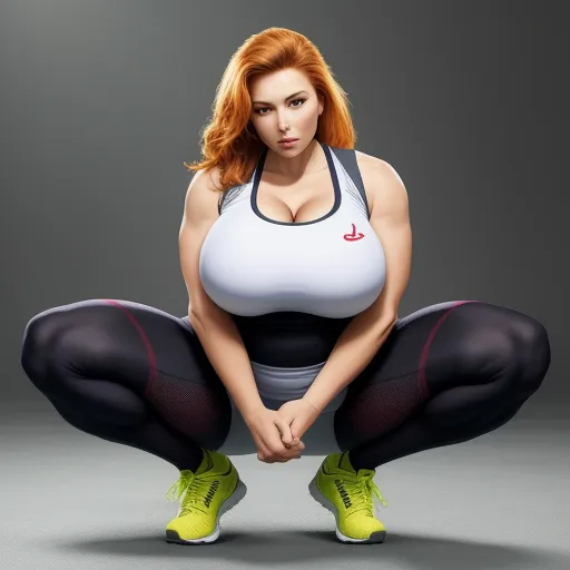 best ai picture generator - a woman with red hair and a white top is squatting down with her legs crossed and her hands on her hips, by Terada Katsuya