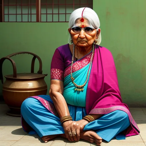 a woman sitting on the ground in a colorful outfit and jewelry on her head and hands, with a pot behind her, by Alec Soth