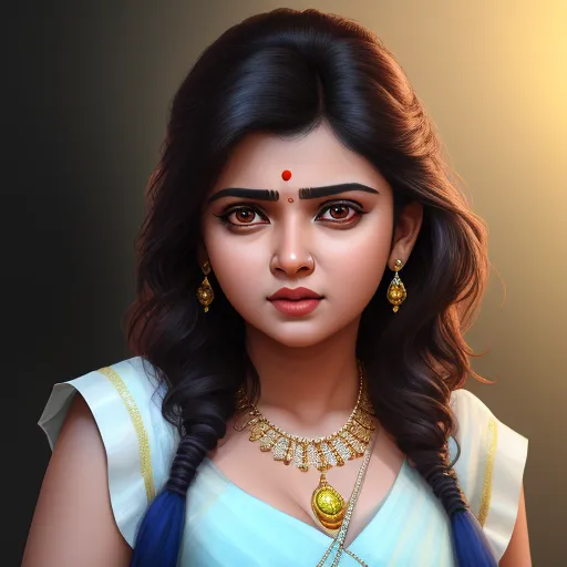 ai generated images free - a digital painting of a woman wearing a blue sari and gold jewelry with a red nose ring and a gold necklace, by Daniela Uhlig