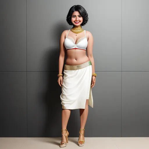 ai image generator names - a woman in a white skirt and bra posing for a picture in front of a wall with a gold belt, by Raja Ravi Varma