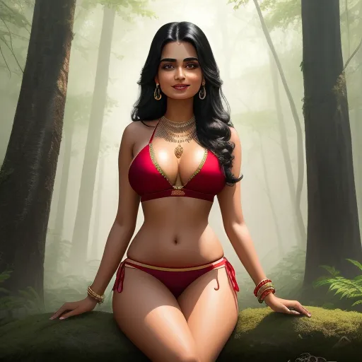 low quality - a woman in a red bikini sitting on a rock in a forest with trees and grass in the background, by Raja Ravi Varma