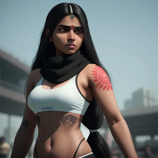 ai image maker - a woman with a tattoo on her arm and a scarf around her neck and a white top with a red sun on it, by Edmond Xavier Kapp