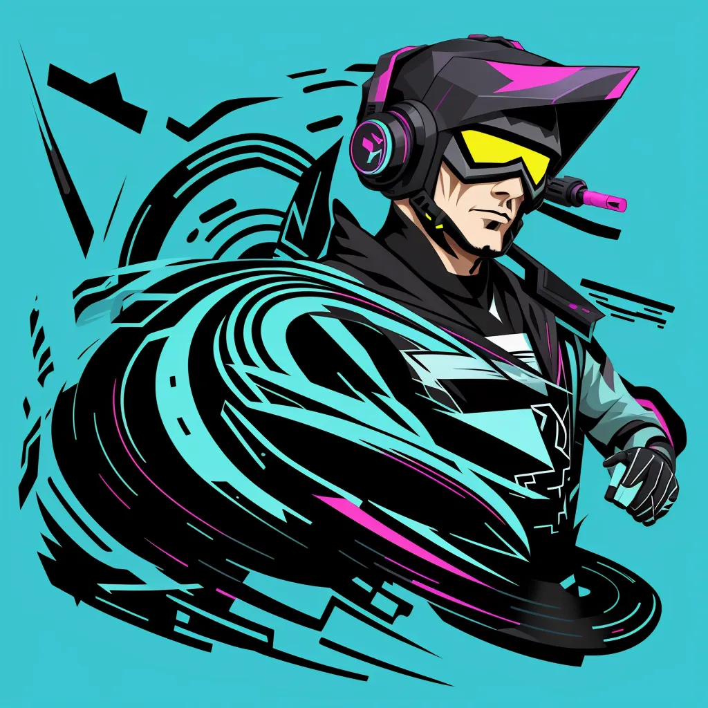 a man in a helmet and goggles riding a motorcycle with a blue background and a black and pink design, by Terada Katsuya