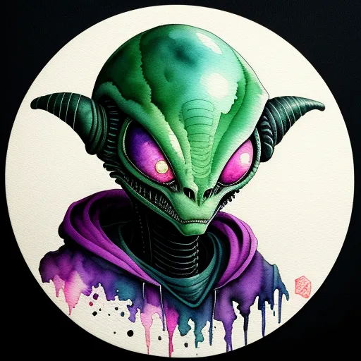 low res image to high res - a painting of a alien with purple eyes and a purple cape on it's head, with a black background, by Terada Katsuya