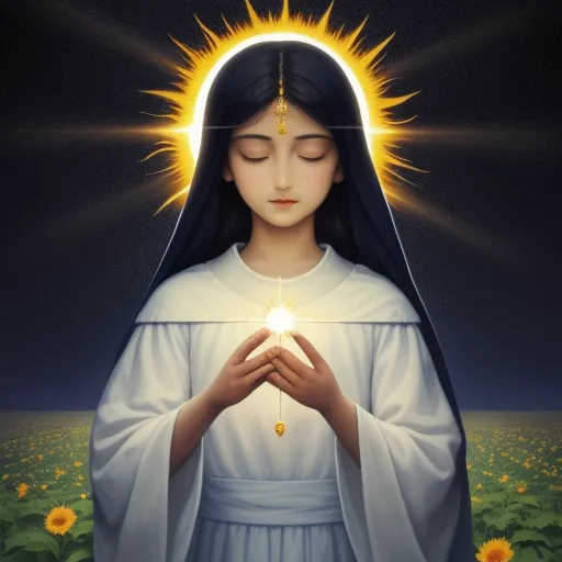 ai-generated images from text - a painting of a woman holding a light in her hands with sun shining above her head and sun shining above her head, by Hsiao-Ron Cheng