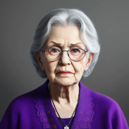 an old woman with glasses and a purple sweater on a gray background with a black beaded necklace on her neck, by Pixar Concept Artists