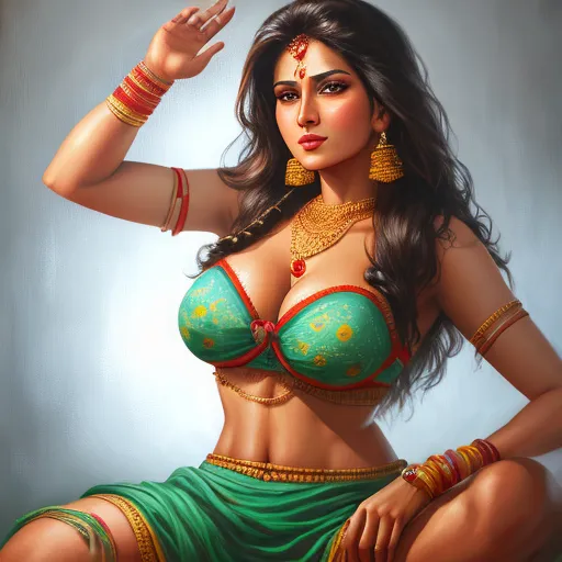 best ai image app - a painting of a woman in a green dress with a necklace and earrings on her head and her hand on her hip, by Raja Ravi Varma