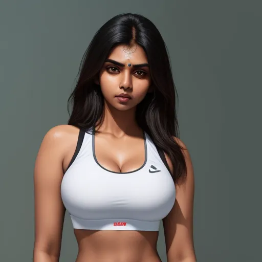 ai generated images from text online - a woman in a white sports bra top and black shorts is posing for a picture with her hands on her hips, by Terada Katsuya