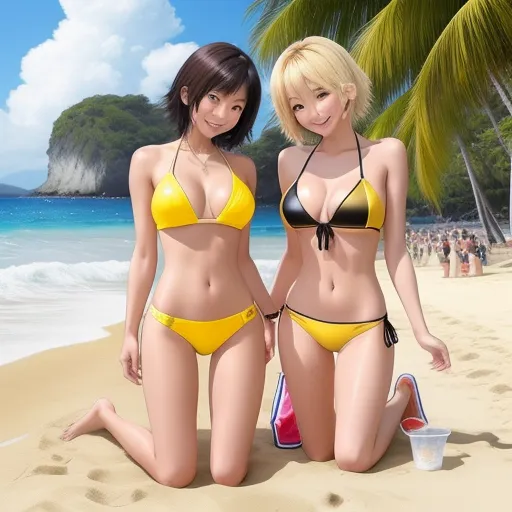 two women in bikinis on a beach with a palm tree in the background and a blue sky in the background, by Toei Animations