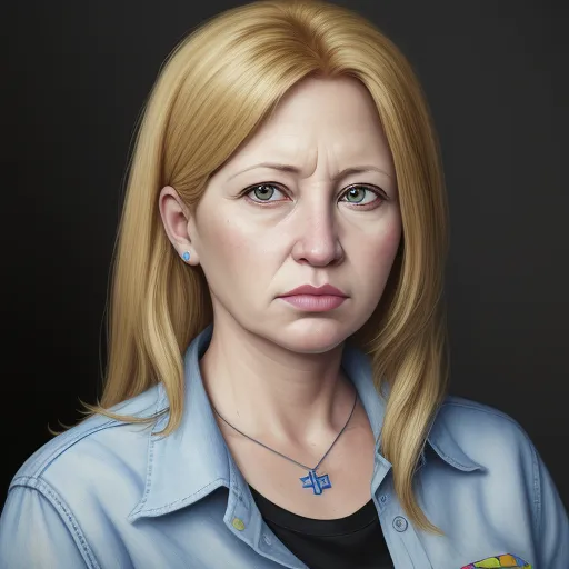 text to image ai generator - a painting of a woman with a blue shirt on and a necklace on her neck and a cross on her chest, by Lois van Baarle