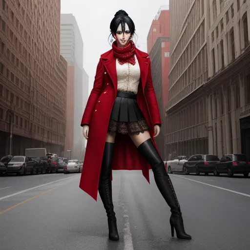 free photo enhancer online - a woman in a red coat and black boots is standing in the middle of a street in a city, by Terada Katsuya