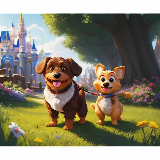 a dog and a dog are in a field with a castle in the background and a dog is pulling a leash, by Pixar Concept Artists