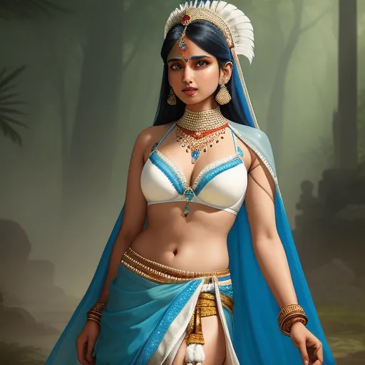 a woman in a blue and white costume with a blue shawl and a headpiece and a blue shawl, by Raja Ravi Varma