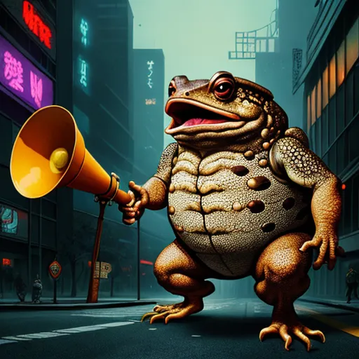 a frog with a megaphone in a city street at night with neon signs and buildings in the background, by Akira Toriyama