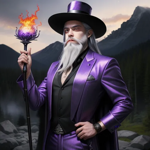 a wizard holding a flaming wand in his hand and a purple suit on his chest and a black hat, by Kent Monkman