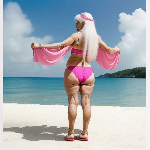 a woman in a pink bikini standing on a beach with a pink scarf around her neck and a pink bikini bottom, by Joel Sternfeld