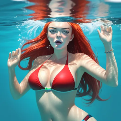 a woman in a bikini under water with a red hair and a red tail, standing in the water, by Daniela Uhlig