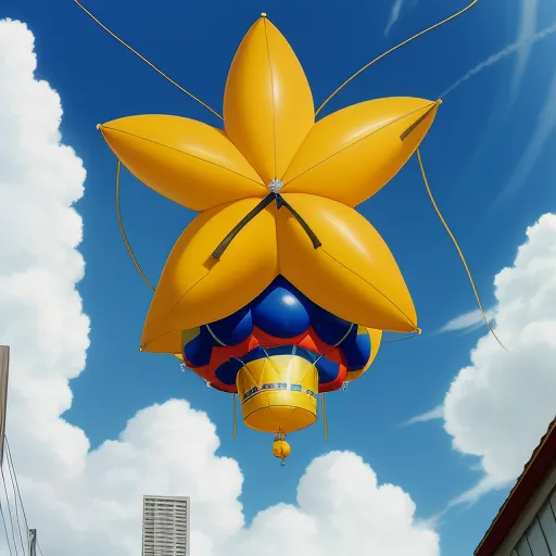 a large balloon shaped like a flower floating in the air with a building in the background and a blue sky with clouds, by Toei Animations