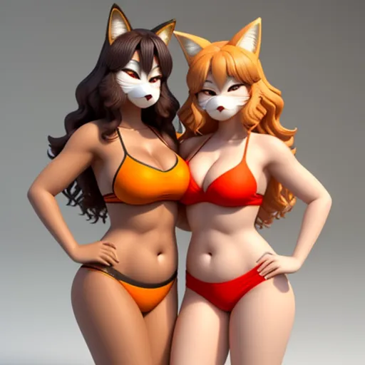 4k quality picture converter - two women in bikinis with cats on their faces and one in a bikini with a cat's head, by Terada Katsuya