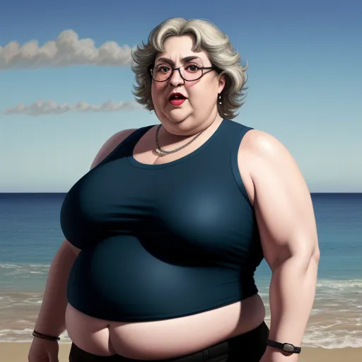 photo coverter - a fat woman standing on a beach next to the ocean with a surprised look on her face and belly, by Fernando Botero