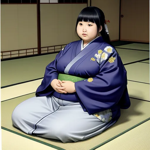 a woman in a kimono sitting on a floor in a room with tatami mats and a fan, by Shusei Nagaoko
