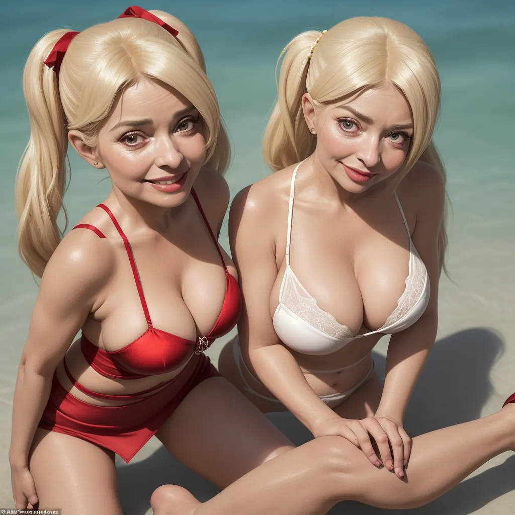 text-to-image ai free - two cartoon women in bathing suits sitting on the beach together, one in a bikini and one in a bathing suit, by Sailor Moon