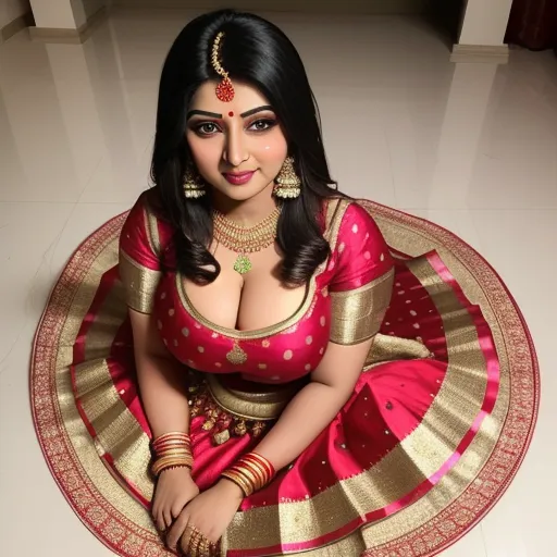 a woman in a red and gold sari sitting on a white floor with her hands on her hips, by Hendrik van Steenwijk I