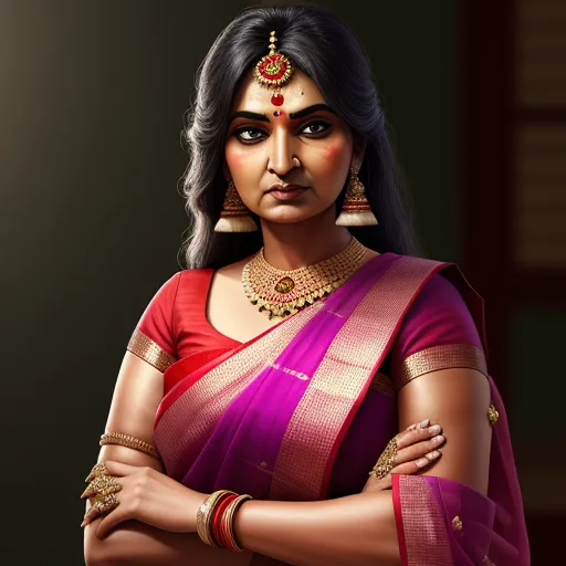 turn image into hd - a woman in a pink and red sari with her arms crossed and a necklace on her neck and a necklace on her neck, by Raja Ravi Varma