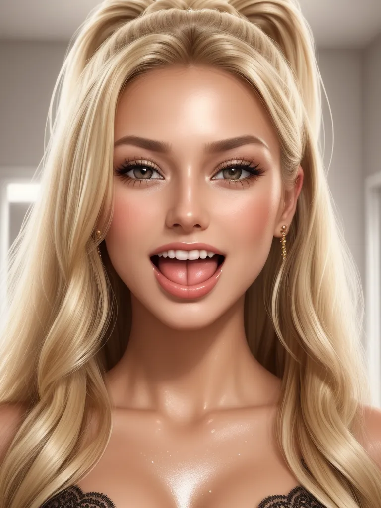 low quality picture - a woman with blonde hair and a black bra top is smiling at the camera with a smile on her face, by Hsiao-Ron Cheng