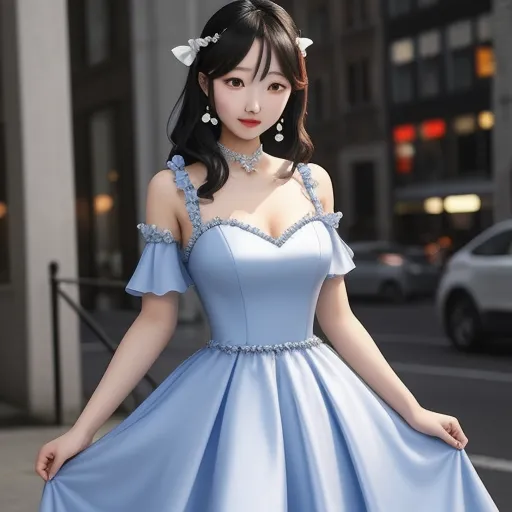 text image generator ai - a woman in a blue dress standing on a street corner with her hands on her hips and her hand on her hips, by Sailor Moon