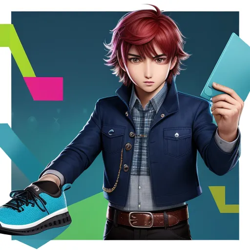 ai genrated images - a man with red hair holding a blue book and a cell phone in his hand and a blue shoe, by Toei Animations