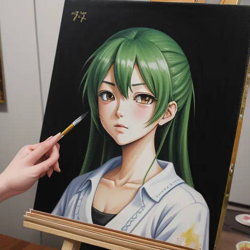 best ai photo editor - a person is holding a paintbrush and painting a picture of a girl with green hair and green eyes, by Taiyō Matsumoto