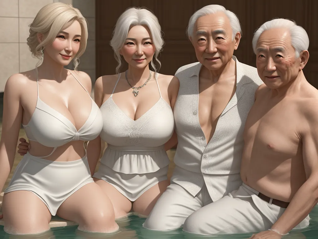 ai image from text - a group of people that are sitting in a pool of water together, all wearing white clothing and posing for a picture, by Shusei Nagaoko
